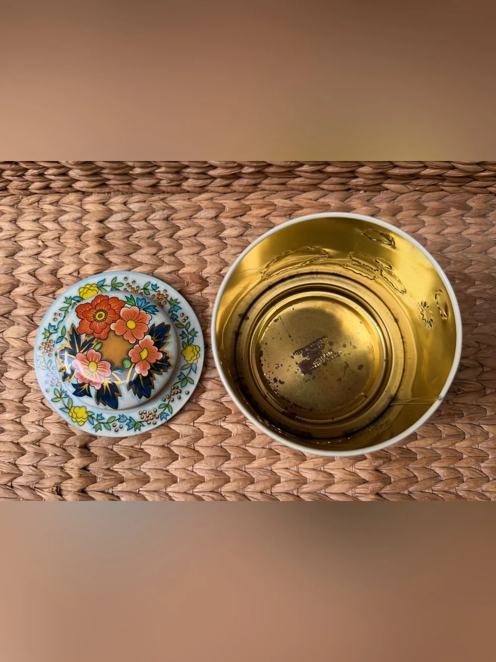 Vintage 70’s DAHER England Floral Tin Canister Embossed Flowers Folk Art Storage